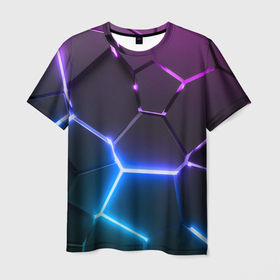 Мужская футболка 3D с принтом Фиолетовый градиент   неоновые геометрические плиты в Екатеринбурге, 100% полиэфир | прямой крой, круглый вырез горловины, длина до линии бедер | 