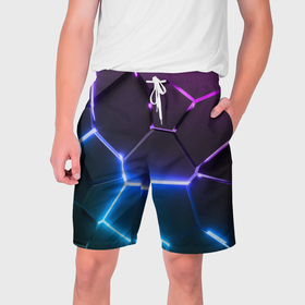 Мужские шорты 3D с принтом Фиолетовый градиент   неоновые геометрические плиты в Екатеринбурге,  полиэстер 100% | прямой крой, два кармана без застежек по бокам. Мягкая трикотажная резинка на поясе, внутри которой широкие завязки. Длина чуть выше колен | 