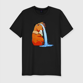 Мужская футболка хлопок Slim с принтом Капибара горько плачет в Санкт-Петербурге, 92% хлопок, 8% лайкра | приталенный силуэт, круглый вырез ворота, длина до линии бедра, короткий рукав | 