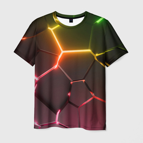 Мужская футболка 3D с принтом Неоновые радужные плиты , 100% полиэфир | прямой крой, круглый вырез горловины, длина до линии бедер | 
