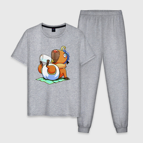 Мужская пижама хлопок с принтом Новорождённая капибара с соской в Екатеринбурге, 100% хлопок | брюки и футболка прямого кроя, без карманов, на брюках мягкая резинка на поясе и по низу штанин
 | 