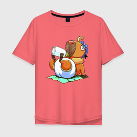 Мужская футболка хлопок Oversize с принтом Новорождённая капибара с соской в Курске, 100% хлопок | свободный крой, круглый ворот, “спинка” длиннее передней части | 
