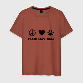 Мужская футболка хлопок с принтом Peace Love Dogs в Екатеринбурге, 100% хлопок | прямой крой, круглый вырез горловины, длина до линии бедер, слегка спущенное плечо. | 