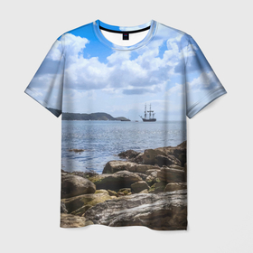 Мужская футболка 3D с принтом Парусник на горизонте океана в Новосибирске, 100% полиэфир | прямой крой, круглый вырез горловины, длина до линии бедер | Тематика изображения на принте: 