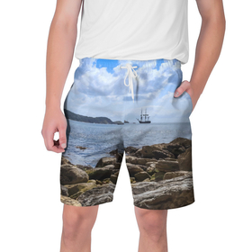 Мужские шорты 3D с принтом Парусник на горизонте океана в Тюмени,  полиэстер 100% | прямой крой, два кармана без застежек по бокам. Мягкая трикотажная резинка на поясе, внутри которой широкие завязки. Длина чуть выше колен | Тематика изображения на принте: 
