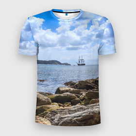 Мужская футболка 3D Slim с принтом Парусник на горизонте океана , 100% полиэстер с улучшенными характеристиками | приталенный силуэт, круглая горловина, широкие плечи, сужается к линии бедра | 
