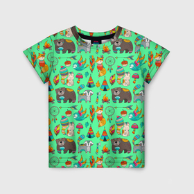 Детская футболка 3D с принтом Painted colorful animals в Кировске, 100% гипоаллергенный полиэфир | прямой крой, круглый вырез горловины, длина до линии бедер, чуть спущенное плечо, ткань немного тянется | 