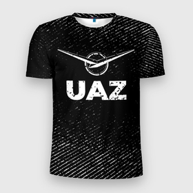 Мужская футболка 3D Slim с принтом UAZ с потертостями на темном фоне в Санкт-Петербурге, 100% полиэстер с улучшенными характеристиками | приталенный силуэт, круглая горловина, широкие плечи, сужается к линии бедра | 