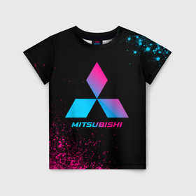 Детская футболка 3D с принтом Mitsubishi   neon gradient в Тюмени, 100% гипоаллергенный полиэфир | прямой крой, круглый вырез горловины, длина до линии бедер, чуть спущенное плечо, ткань немного тянется | Тематика изображения на принте: 