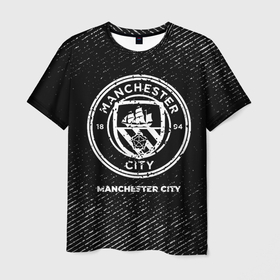 Мужская футболка 3D с принтом Manchester City с потертостями на темном фоне в городе Новоалтайск, 100% полиэфир | прямой крой, круглый вырез горловины, длина до линии бедер | 
