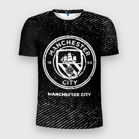 Мужская футболка 3D Slim с принтом Manchester City с потертостями на темном фоне в Тюмени, 100% полиэстер с улучшенными характеристиками | приталенный силуэт, круглая горловина, широкие плечи, сужается к линии бедра | 