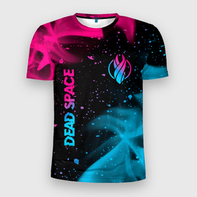Мужская футболка 3D Slim с принтом Dead Space   neon gradient: символ и надпись вертикально в Екатеринбурге, 100% полиэстер с улучшенными характеристиками | приталенный силуэт, круглая горловина, широкие плечи, сужается к линии бедра | 
