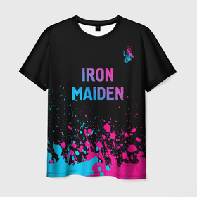 Мужская футболка 3D с принтом Iron Maiden   neon gradient: символ сверху в Екатеринбурге, 100% полиэфир | прямой крой, круглый вырез горловины, длина до линии бедер | 