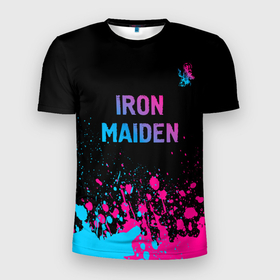 Мужская футболка 3D Slim с принтом Iron Maiden   neon gradient: символ сверху в Белгороде, 100% полиэстер с улучшенными характеристиками | приталенный силуэт, круглая горловина, широкие плечи, сужается к линии бедра | 