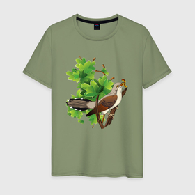 Мужская футболка хлопок с принтом Кукушка на дереве в Кировске, 100% хлопок | прямой крой, круглый вырез горловины, длина до линии бедер, слегка спущенное плечо. | 