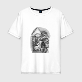 Мужская футболка хлопок Oversize с принтом Chief of the red indians в Санкт-Петербурге, 100% хлопок | свободный крой, круглый ворот, “спинка” длиннее передней части | 