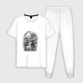 Мужская пижама хлопок с принтом Chief of the red indians в Белгороде, 100% хлопок | брюки и футболка прямого кроя, без карманов, на брюках мягкая резинка на поясе и по низу штанин
 | 