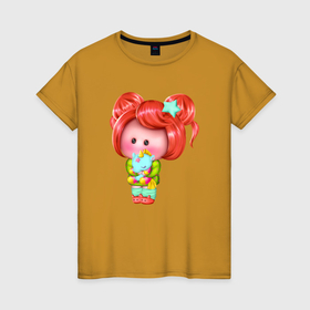 Женская футболка хлопок с принтом Рыжая девочка с единорогом в Петрозаводске, 100% хлопок | прямой крой, круглый вырез горловины, длина до линии бедер, слегка спущенное плечо | 