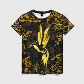 Женская футболка 3D с принтом Золотая колибри в Кировске, 100% полиэфир ( синтетическое хлопкоподобное полотно) | прямой крой, круглый вырез горловины, длина до линии бедер | 