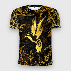 Мужская футболка 3D Slim с принтом Золотая колибри в Тюмени, 100% полиэстер с улучшенными характеристиками | приталенный силуэт, круглая горловина, широкие плечи, сужается к линии бедра | 