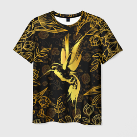 Мужская футболка 3D с принтом Золотая колибри в Тюмени, 100% полиэфир | прямой крой, круглый вырез горловины, длина до линии бедер | 