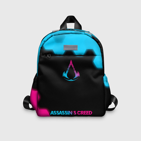 Детский рюкзак 3D с принтом Assassins Creed   neon gradient: символ, надпись , 100% полиэстер | лямки с регулируемой длиной, сверху петелька, чтобы рюкзак можно было повесить на вешалку. Основное отделение закрывается на молнию, как и внешний карман. Внутри дополнительный карман. По бокам два дополнительных кармашка | 