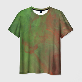 Мужская футболка 3D с принтом Зелёные и красные волны красок в Санкт-Петербурге, 100% полиэфир | прямой крой, круглый вырез горловины, длина до линии бедер | 