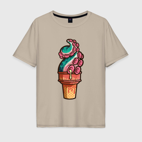 Мужская футболка хлопок Oversize с принтом Мороженое осьминог , 100% хлопок | свободный крой, круглый ворот, “спинка” длиннее передней части | Тематика изображения на принте: 