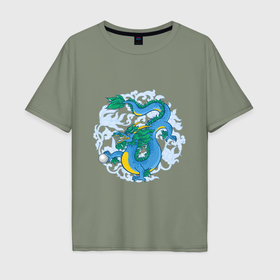 Мужская футболка хлопок Oversize с принтом Китайский дракон с орнаментом в Тюмени, 100% хлопок | свободный крой, круглый ворот, “спинка” длиннее передней части | Тематика изображения на принте: 