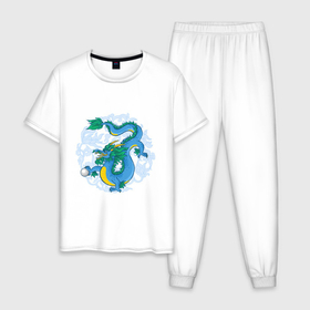 Мужская пижама хлопок с принтом Китайский дракон с орнаментом в Тюмени, 100% хлопок | брюки и футболка прямого кроя, без карманов, на брюках мягкая резинка на поясе и по низу штанин
 | Тематика изображения на принте: 