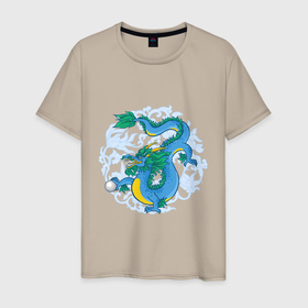Мужская футболка хлопок с принтом Китайский дракон с орнаментом в Тюмени, 100% хлопок | прямой крой, круглый вырез горловины, длина до линии бедер, слегка спущенное плечо. | Тематика изображения на принте: 