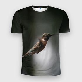 Мужская футболка 3D Slim с принтом Полет колибри в Екатеринбурге, 100% полиэстер с улучшенными характеристиками | приталенный силуэт, круглая горловина, широкие плечи, сужается к линии бедра | 