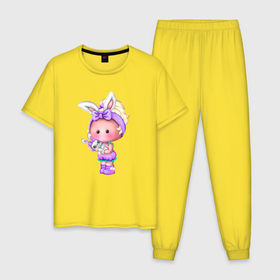 Мужская пижама хлопок с принтом Милая девочка с зайчиком в Тюмени, 100% хлопок | брюки и футболка прямого кроя, без карманов, на брюках мягкая резинка на поясе и по низу штанин
 | 