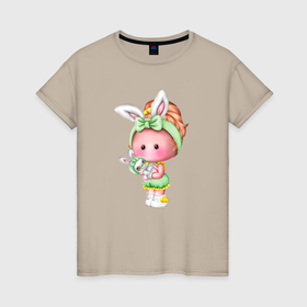 Женская футболка хлопок с принтом девочка   зайка в Белгороде, 100% хлопок | прямой крой, круглый вырез горловины, длина до линии бедер, слегка спущенное плечо | 