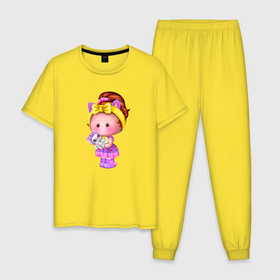 Мужская пижама хлопок с принтом Девочка в платье с кошечкой в Тюмени, 100% хлопок | брюки и футболка прямого кроя, без карманов, на брюках мягкая резинка на поясе и по низу штанин
 | 