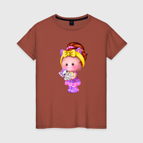 Женская футболка хлопок с принтом Девочка в платье с кошечкой в Тюмени, 100% хлопок | прямой крой, круглый вырез горловины, длина до линии бедер, слегка спущенное плечо | 