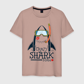 Мужская футболка хлопок с принтом Сумасшедший акуламен в Курске, 100% хлопок | прямой крой, круглый вырез горловины, длина до линии бедер, слегка спущенное плечо. | 