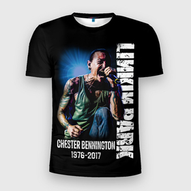 Мужская футболка 3D Slim с принтом Linkin Park Chester в Тюмени, 100% полиэстер с улучшенными характеристиками | приталенный силуэт, круглая горловина, широкие плечи, сужается к линии бедра | Тематика изображения на принте: 