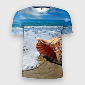 Мужская футболка 3D Slim с принтом Океанская раковина на песчаном берегу в Белгороде, 100% полиэстер с улучшенными характеристиками | приталенный силуэт, круглая горловина, широкие плечи, сужается к линии бедра | 