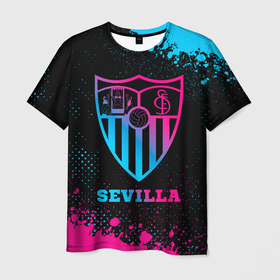 Мужская футболка 3D с принтом Sevilla   neon gradient в Курске, 100% полиэфир | прямой крой, круглый вырез горловины, длина до линии бедер | 