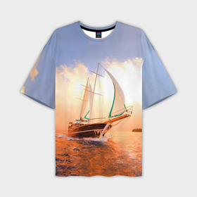 Мужская футболка oversize 3D с принтом Парусник в океане на фоне заката ,  |  | Тематика изображения на принте: 