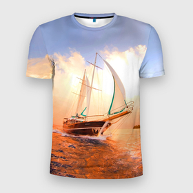 Мужская футболка 3D Slim с принтом Парусник в океане на фоне заката в Петрозаводске, 100% полиэстер с улучшенными характеристиками | приталенный силуэт, круглая горловина, широкие плечи, сужается к линии бедра | 