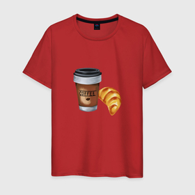 Мужская футболка хлопок с принтом Кофе с круассаном в Курске, 100% хлопок | прямой крой, круглый вырез горловины, длина до линии бедер, слегка спущенное плечо. | Тематика изображения на принте: 