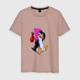 Мужская футболка хлопок с принтом Пингвин в розовой шапочке в Тюмени, 100% хлопок | прямой крой, круглый вырез горловины, длина до линии бедер, слегка спущенное плечо. | 