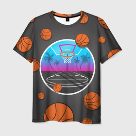 Мужская футболка 3D с принтом Летящие баскетбольные мячики в Новосибирске, 100% полиэфир | прямой крой, круглый вырез горловины, длина до линии бедер | 