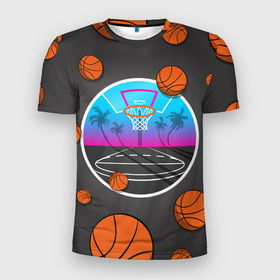 Мужская футболка 3D Slim с принтом Летящие баскетбольные мячики в Новосибирске, 100% полиэстер с улучшенными характеристиками | приталенный силуэт, круглая горловина, широкие плечи, сужается к линии бедра | 