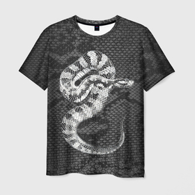 Мужская футболка 3D с принтом Черно белая змея Змеиная кожа в Тюмени, 100% полиэфир | прямой крой, круглый вырез горловины, длина до линии бедер | Тематика изображения на принте: 