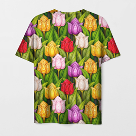 Мужская футболка 3D с принтом Объемные разноцветные тюльпаны в Новосибирске, 100% полиэфир | прямой крой, круглый вырез горловины, длина до линии бедер | Тематика изображения на принте: 