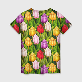 Женская футболка 3D с принтом Объемные разноцветные тюльпаны в Петрозаводске, 100% полиэфир ( синтетическое хлопкоподобное полотно) | прямой крой, круглый вырез горловины, длина до линии бедер | Тематика изображения на принте: 