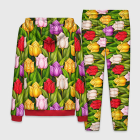 Мужской костюм 3D с принтом Объемные разноцветные тюльпаны в Тюмени, 100% полиэстер | Манжеты и пояс оформлены тканевой резинкой, двухслойный капюшон со шнурком для регулировки, карманы спереди | Тематика изображения на принте: 